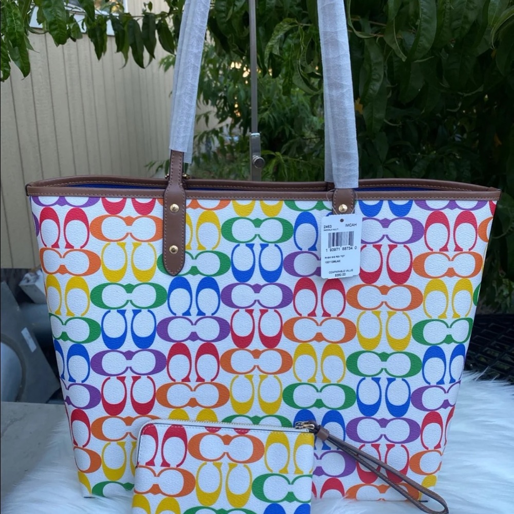 NWT 2pcs Coach reversible rainbow tote & wallet